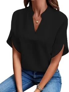 2026 New Spring Summer Women Casual Solid Blouse Women Fashion V-neck Short Sleeve Shirts Office Elegant Pullover Slim Fitting Blusas Tops Suitable for OL Work, Sports, and Casual Daily Wear