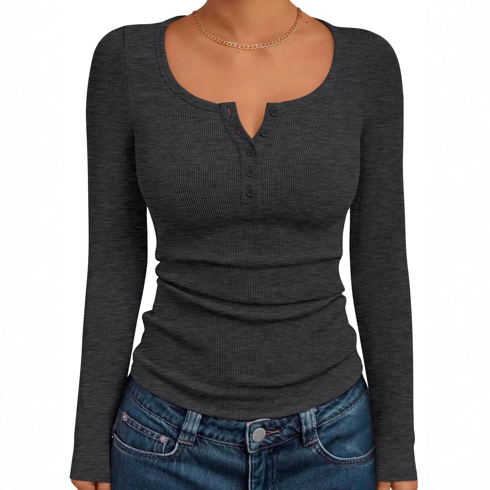 BIGWIG Women's Long-Sleeve Henley Ribbed Shirt, suitable for teens and girls, perfect for spring and autumn casual wear, a cute basic long-sleeved T-shirt, long-sleeved button-up ribbed crewneck casual top