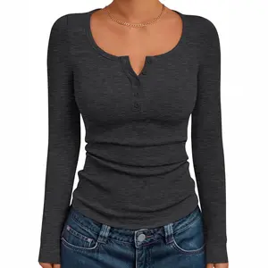 BIGWIG Women's Long-Sleeve Henley Ribbed Shirt, suitable for teens and girls, perfect for spring and autumn casual wear, a cute basic long-sleeved T-shirt, long-sleeved button-up ribbed crewneck casual top