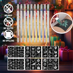 Temporary Tattoo Markers Kit, 10 Colors Body Marker Pens, Bold and Fine Lines, 6 Sheets Tattoo Stencils, Party Gift Makeup Set