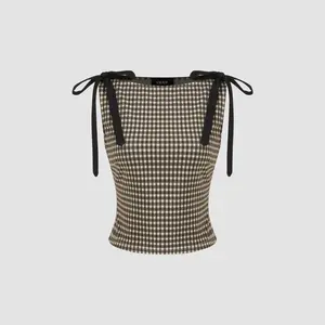 Cider Jacquard Boat Neck Gingham Bowknot Tank Top