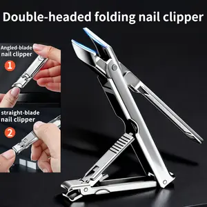 Double-headed 2-in-1 Folding Nail Clipper Wide Opening Diagonal & Straight Jaw Unisex for Men Women Thick Hard Nails Manicure