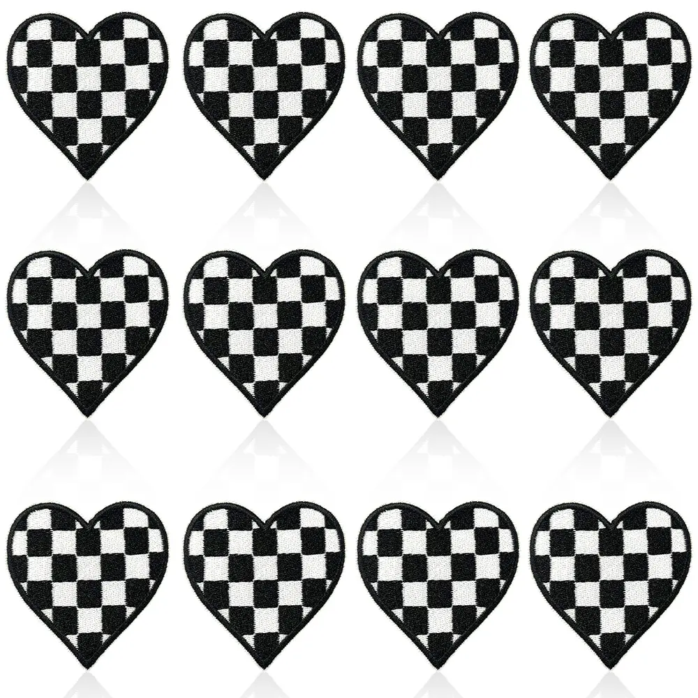 12Pcs Cotton Checkered Black Heart Applique Iron-On Patches - Adds Playful Charm for DIY Projects, Customizing Clothing, Trucker Hats & Jackets (Sewing Accessories)