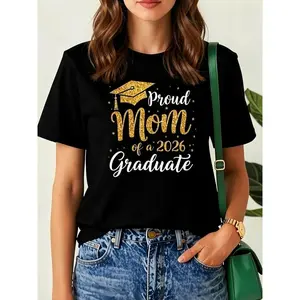 Proud Mom of a Graduate Class of 2026 T-Shirt Unisex Black Tee Featuring Graduation Cap Diploma Print and Glitter Lettering Comfortable AllSeason Round Neck
