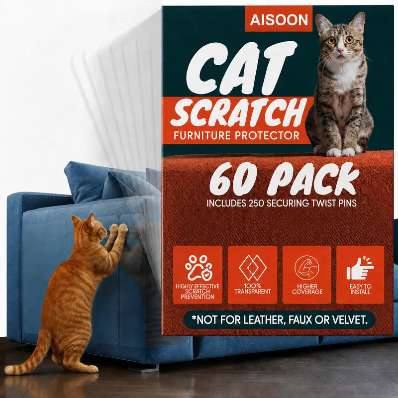 AISOON 60 Pcs 15mm Transparent Single-Side Self-Adhesive Cat Scratch Tape, Classic Invisible Detachable Furniture Protection, Residue-Free Living Room Furniture Couch Deterrent
