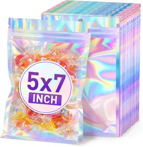 ANZNKU 50 Pack Holographic Mylar Bags, 5" X 7" Resealable Small Baggies, Foil Pouch Rainbow Color Packaging Bags for Small Business, Plastic Zipper Bag for Food Storage Candy & Jewelry Packaging