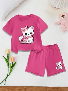2-Piece Set, Girls' Fashionable & Cute Crew Neck Short Sleeve T-Shirt & Shorts, Featuring Double Bowtie Cute Cat Pattern Print, A Must-Have For Summer Casual Daily Outfits