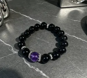 Black Obsidian and Amethyst Beaded Bracelet, Handcrafted Healing Crystal Bangle, Spiritual Energy Jewelry for Daily Wear, Meditation, Office & Evening Outings, Minimalist Gemstone Wristband Gift