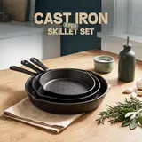 3-Piece Cast Iron Cookware Skillet Set - 6, 8, 10 in Heavy Duty Frying Pans, PFAS-Free, Even Heat Distribution, Oven, Stovetop, Campfire Safe, Indoor Outdoor Use