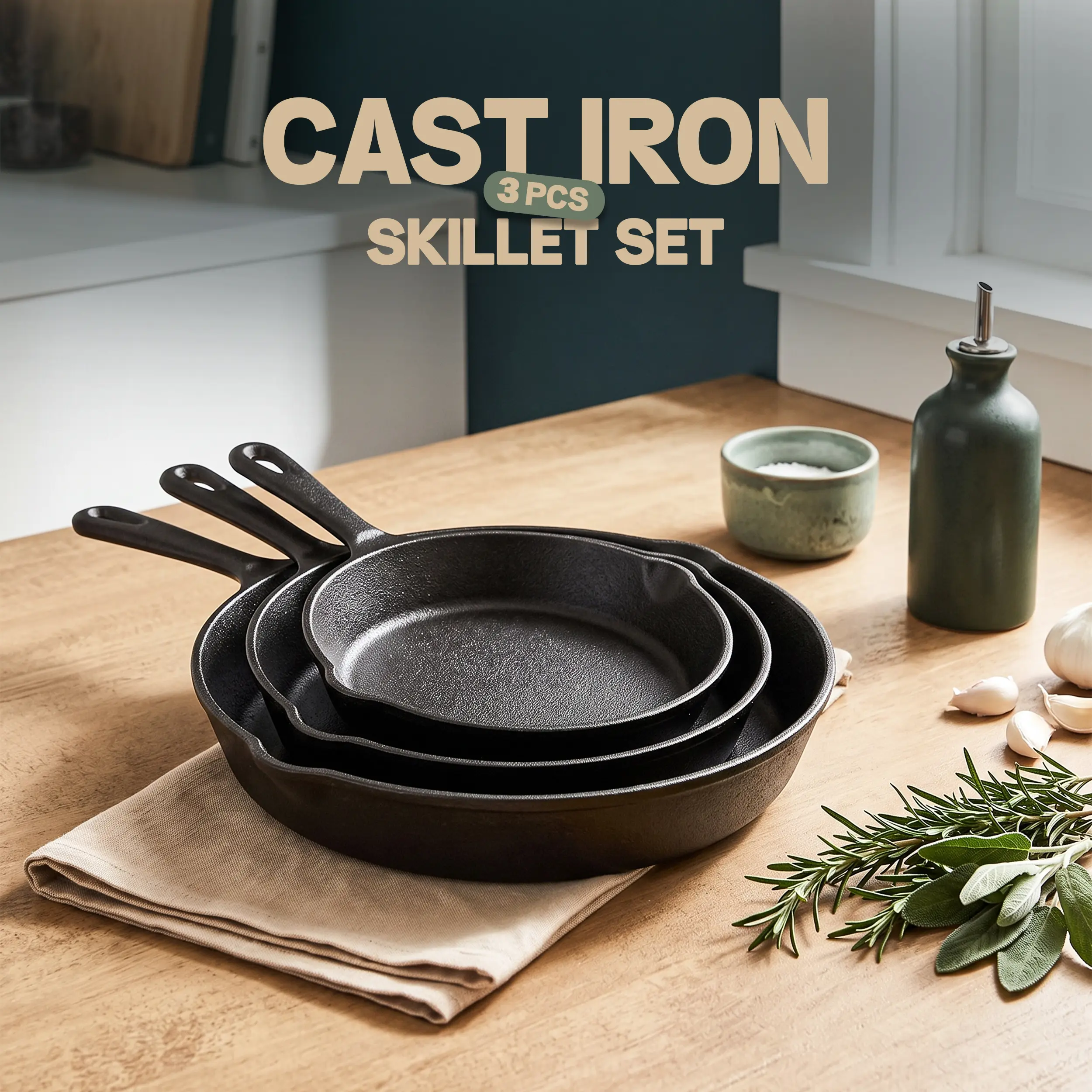 Kichly Cast Iron Skillet Set - 3-Piece 6/8/10 in Pans, Oven-Safe Kitchen Supplies, Ideal for Oil-Based Frying, Eggs