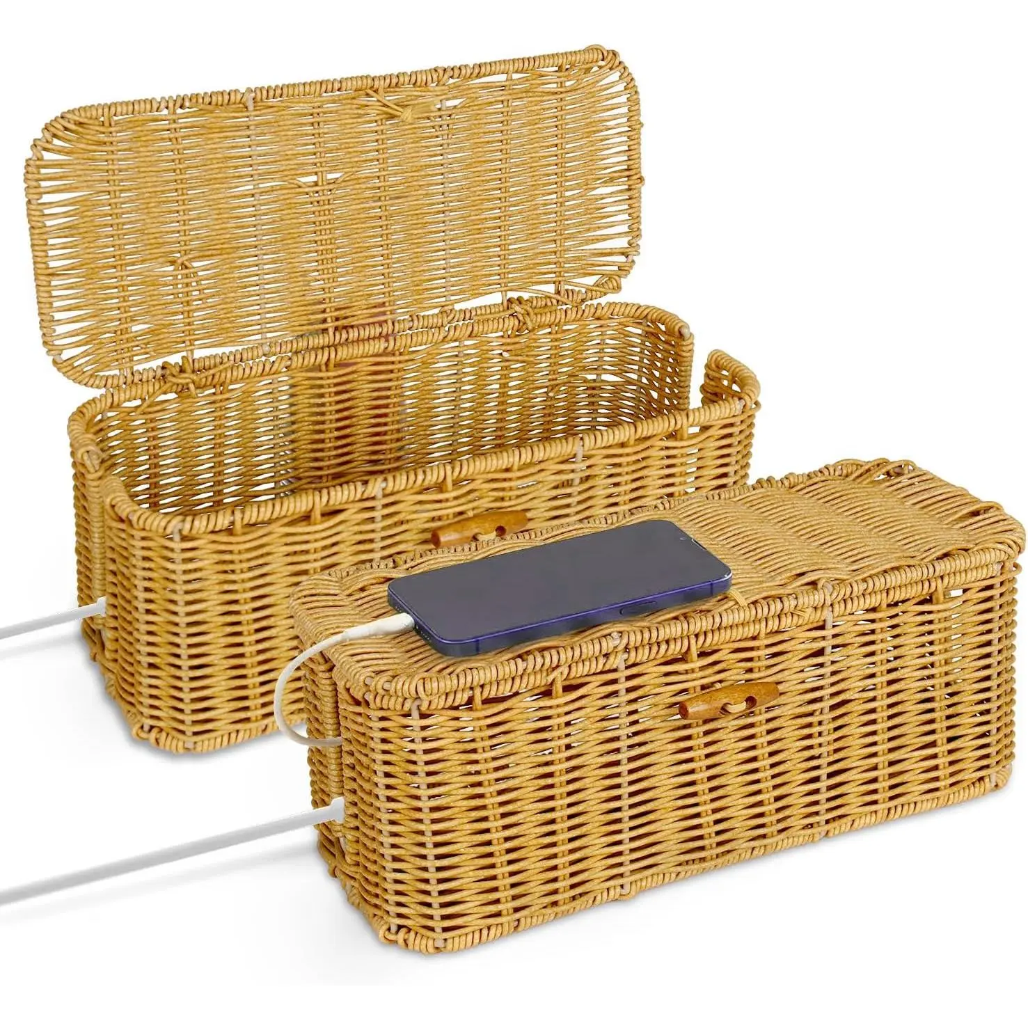 Handwoven Rattan Cable Management Box,Cord Organizer Box with Lid,Open-Slot Cord Hiding Basket,Decorative Storage Box for Hiding Computers, Tv, Power Sockets, USB Hubs