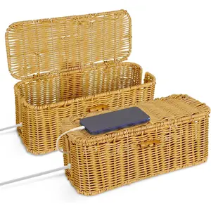 Handwoven Rattan Cable Management Box,Cord Organizer Box with Lid,Open-Slot Cord Hiding Basket,Decorative Storage Box for Hiding Computers, Tv, Power Sockets, USB Hubs