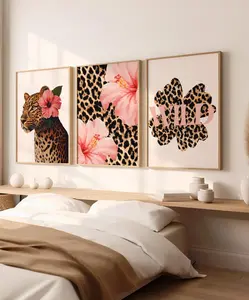 Trendy Leopard Hibiscus Flower Print Set of 3 Wall Art Girly Pink Cheetah Bedroom Posters Hawaiian Aloha Print Poster