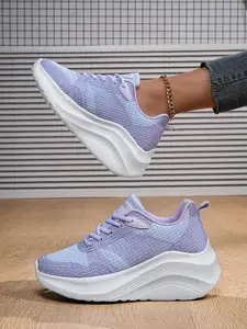 Women's Light Purple Color - Blocked Thick - Soled Mesh Casual Shoes, Street - Style Picks for Fashionistas, Light - Oxygen Style Suitable for All Seasons, First Choice for Trendsetters, Eye - catching Color - Blocked Design Girl Sneaker Closed Trainer