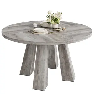 Round Dining Room Table for 4-6, 47" Farmhouse Circle Dinner Table with Sturdy Base Pedestal, for Dining Room, Living Room