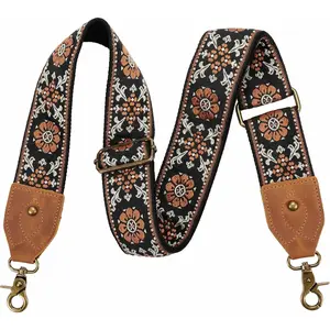 Nefelibata Purse Strap, 2" Crazy Horse Leather End Shoulder Strap Adjustable Replacement,Retro Jacquard Embroidery Multi-pattern Crossbody Bag Straps for Handbag,Crossbody Bags(Brown flower)