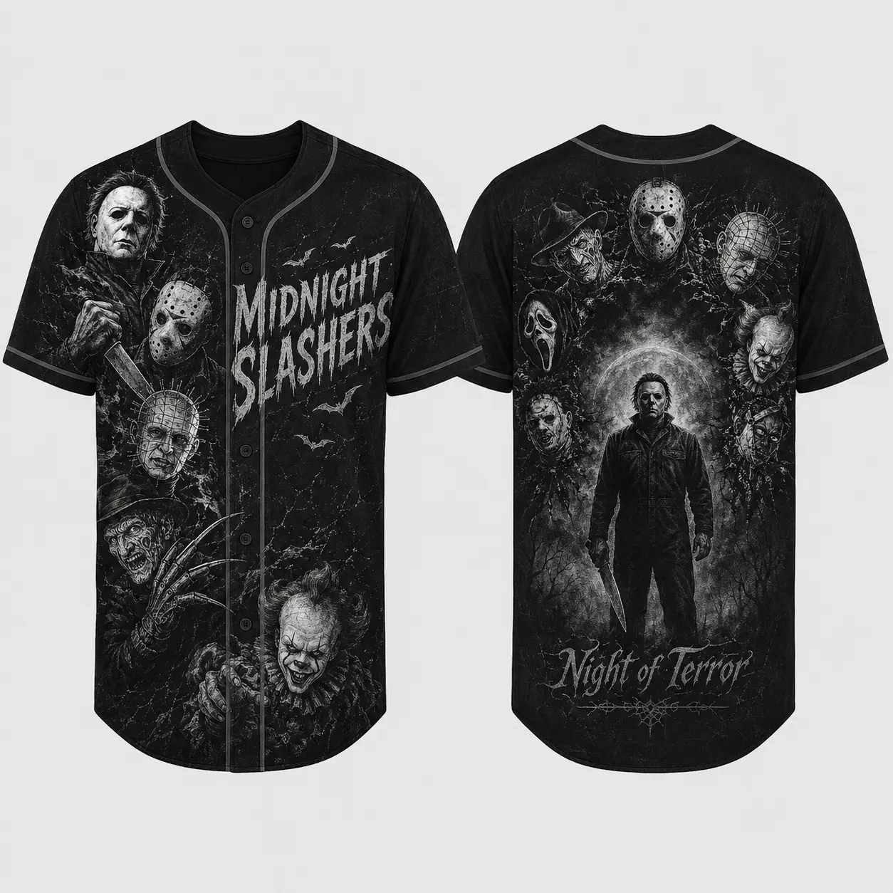 Midnight Slashers Full-Button Baseball Jersey, Black and White Horror Character Graphic Shirt, Retro Halloween Night Outfit for Adults