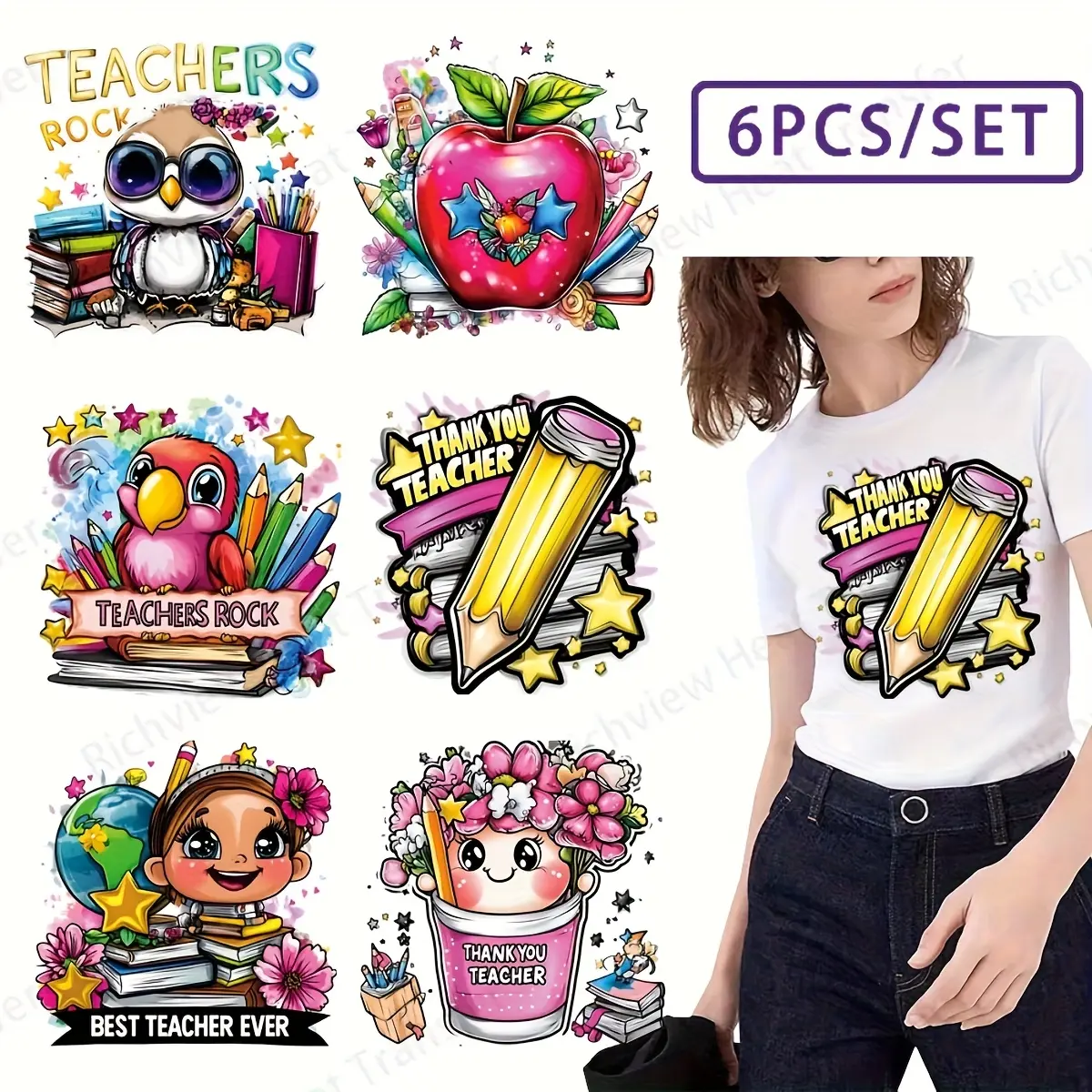 Teachers' Day Iron-On Stickers Set, Vibrant Design Patches for Apparel & Fabrics, Washable Vinyl Decals for DIY Crafts Projects, DIY Craft Supplies