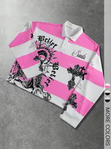 1 Piece Unisex Pink & White Striped Long Sleeve Polo Shirt With Sacred Heart And Belief Graphic, Gothic Streetwear Top Menswear For Men And Women, Casual Daily Wear And Concerts