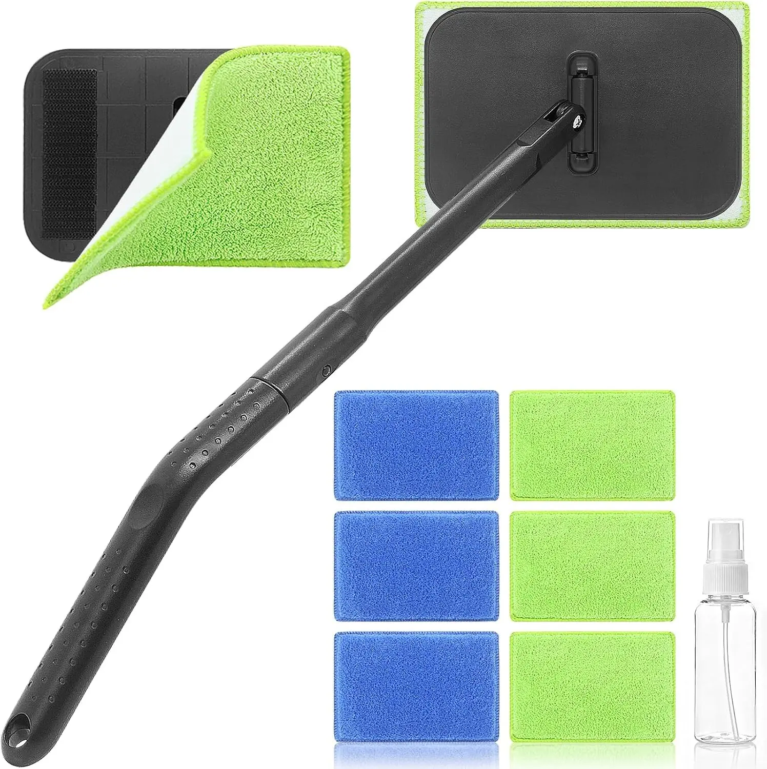 Windshield Cleaner Tool with 6 Reusable Magic Fiber Pads & Spray Bottle | Removable Handle Car Window Cleaner for Interior/Exterior Glass, Car, Trucks, SUVs, RV & Home Windows(Dry & Wet Use)