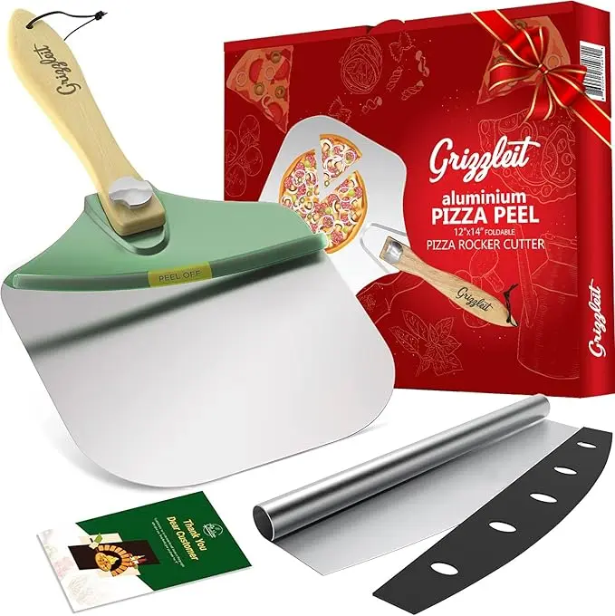 Aluminum Pizza Peel & Rocker Cutter Set - 14x12in Ergonomic Non-Stick Spatula with Durable Handcrafted Foldable Pine Wood Handle, Aluminum Construction Kitchen Utensil for Effortless Pizza Transfer