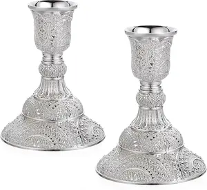 2PCS Brass Taper Candle Holders Candle Stick Holders Set Vintage Metal Pillar Candlestick Holders, 4"H Elegant Candle Stand Candelabra for Dining Table Centerpieces Wedding Home Decor, Silver