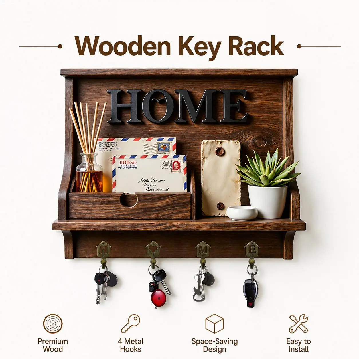 3D Vintage Wooden Wall Mount Key Holder With 4 Home Hooks Mail Storage Rack Entryway Shelf Organizer Farmhouse Home Decor For Keys Letters Small Items Light Hanging