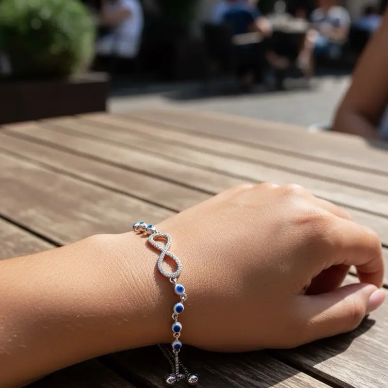 Elegant 925 Silver Infinity Bracelet with Blue evil eye Beads