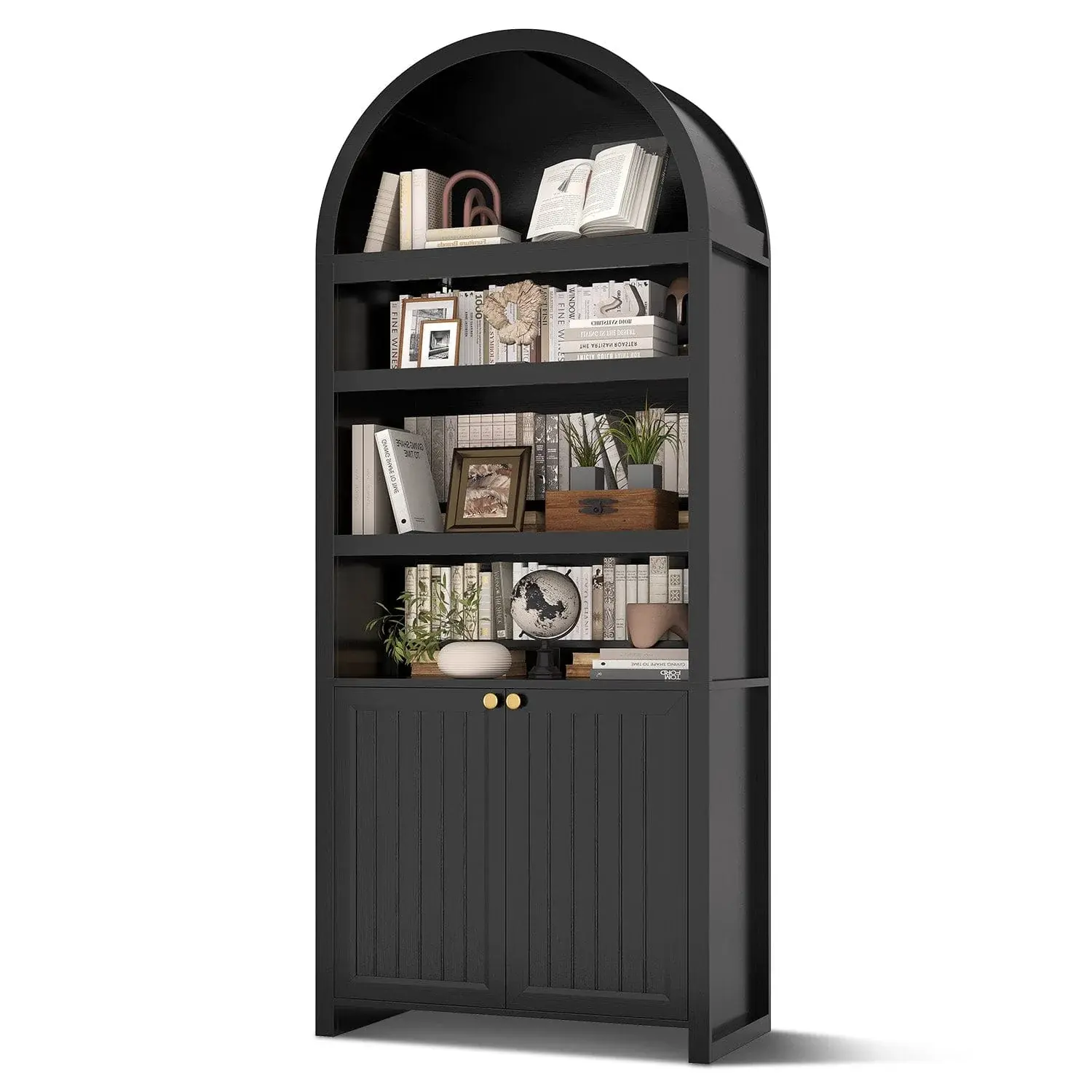 81 Inches Tall Arched 6-Tier Bookcase with Door Black