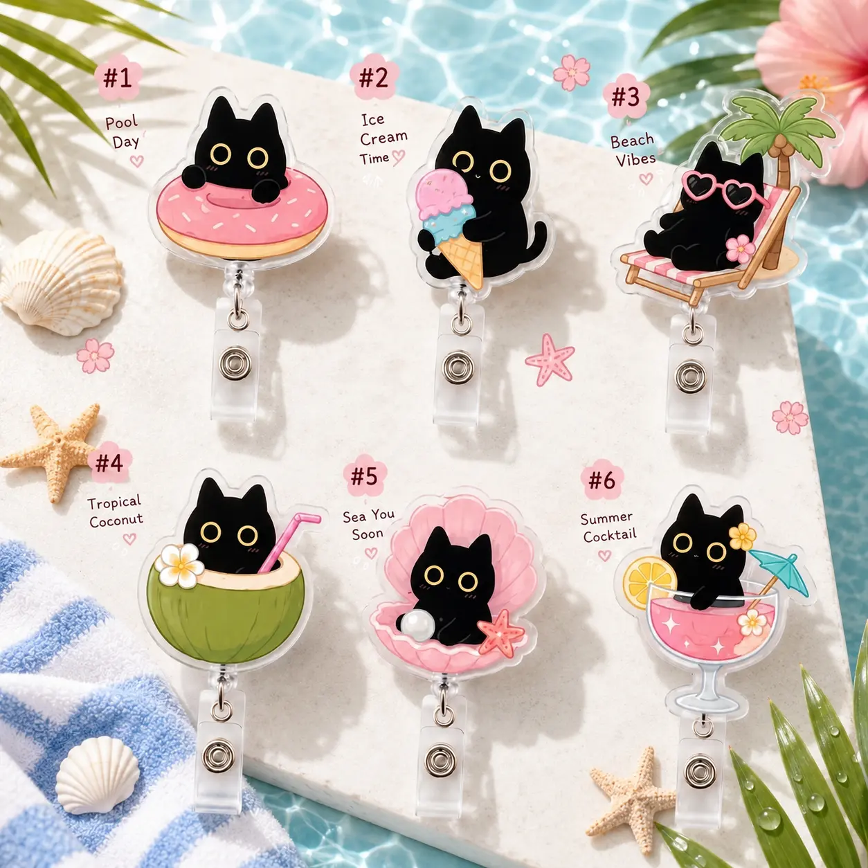 Cat at the Beach Medical Badge Reel | Retractable Nurse Badge ID Holder, Teacher Office Name Tag Clip
