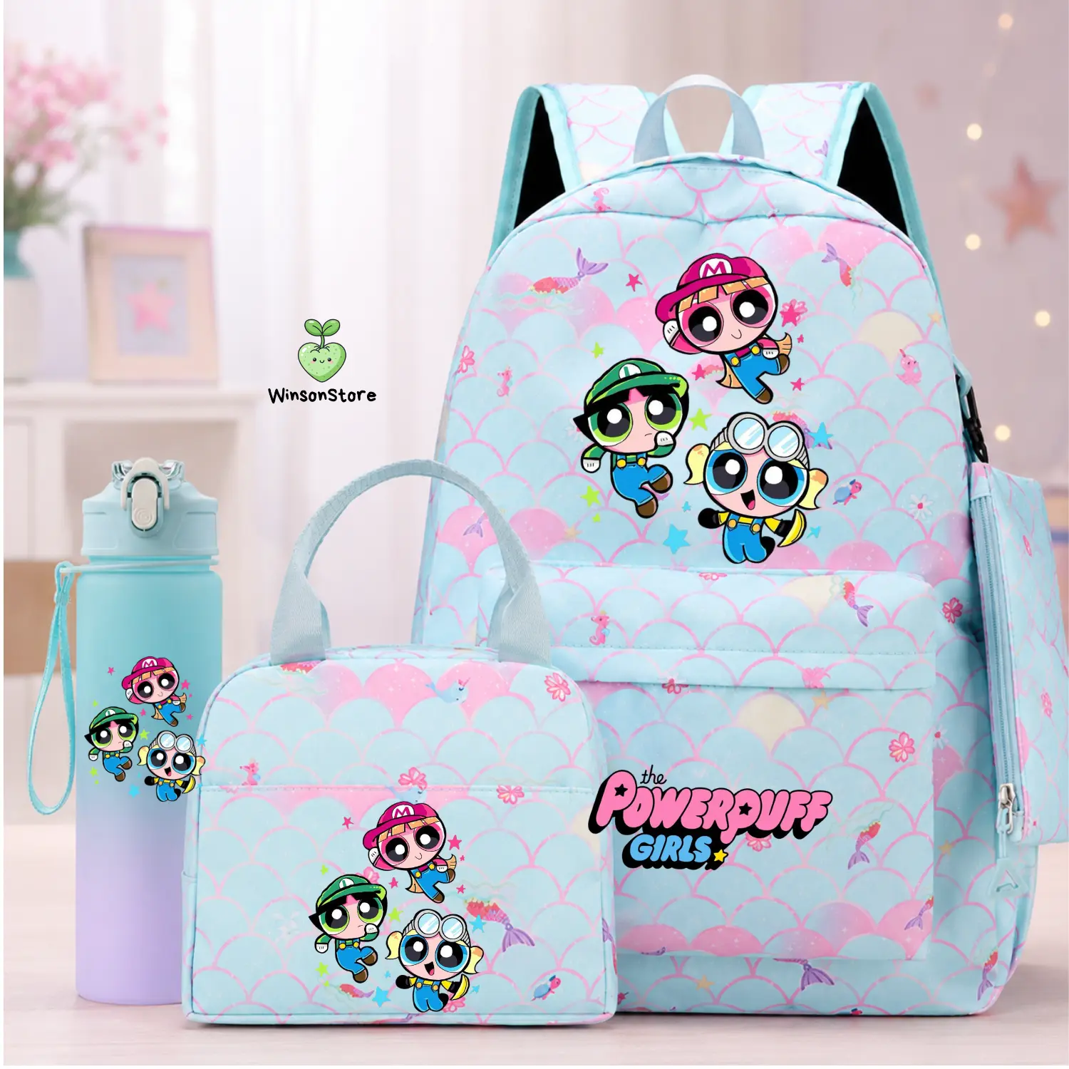 Powerpuff Girls Kids School Backpack Set 4PCS – Backpack, Lunch Bag, Water Bottle & Pouch