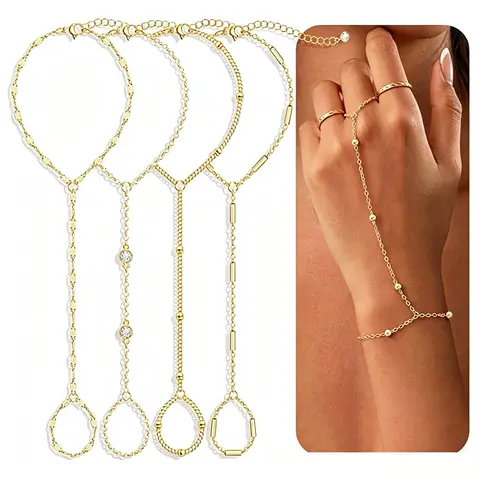 Women's 4-Pcs Exquisite Bracelet Set - 14K Gold Plated Dainty Ring, Beaded Cubic Zirconia Handchains, Non Tarnish Metallic Detail Jewelry Stack, High-Quality Elegant Costume Jewelry for Anniversary Gifts