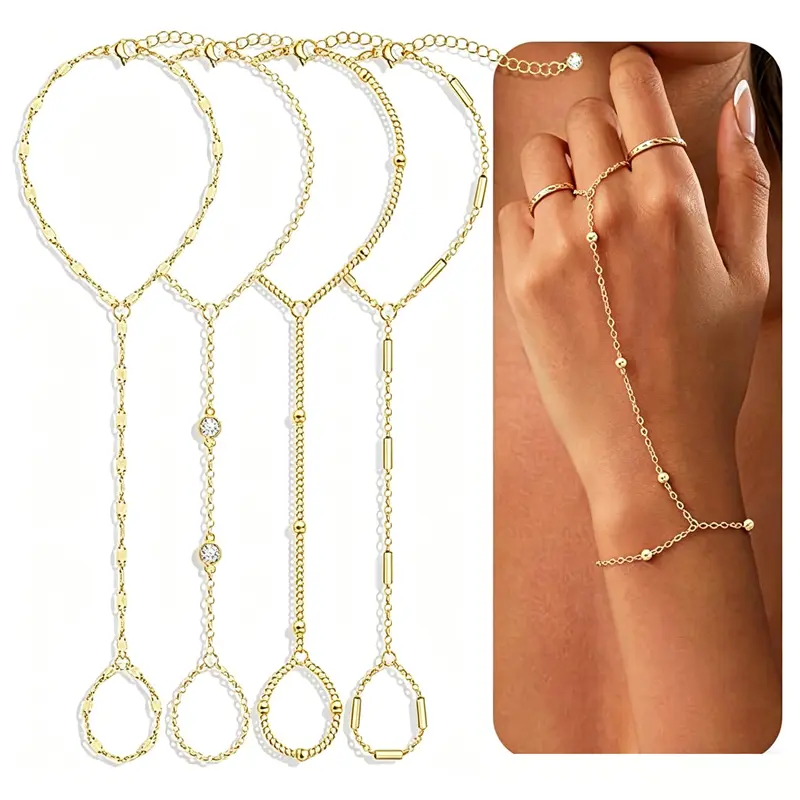 Women's 4-Pcs Exquisite Bracelet Set - 14K Gold Plated Dainty Ring, Beaded Cubic Zirconia Handchains, Non Tarnish Metallic Detail Jewelry Stack, High-Quality Elegant Costume Jewelry for Anniversary Gifts
