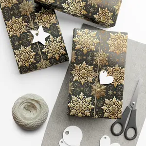 Metallic Gold Snowflake Wrapping Paper on Matte Black  Luxe Holiday Gift Wrap
