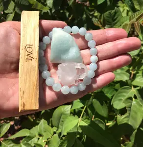 Aquamarine Bracelet Set with Clear Quartz Druzy & Palo Santo Stick - Calming Energies for Stress Reduction & Protection - Good Luck Talisman for Adults