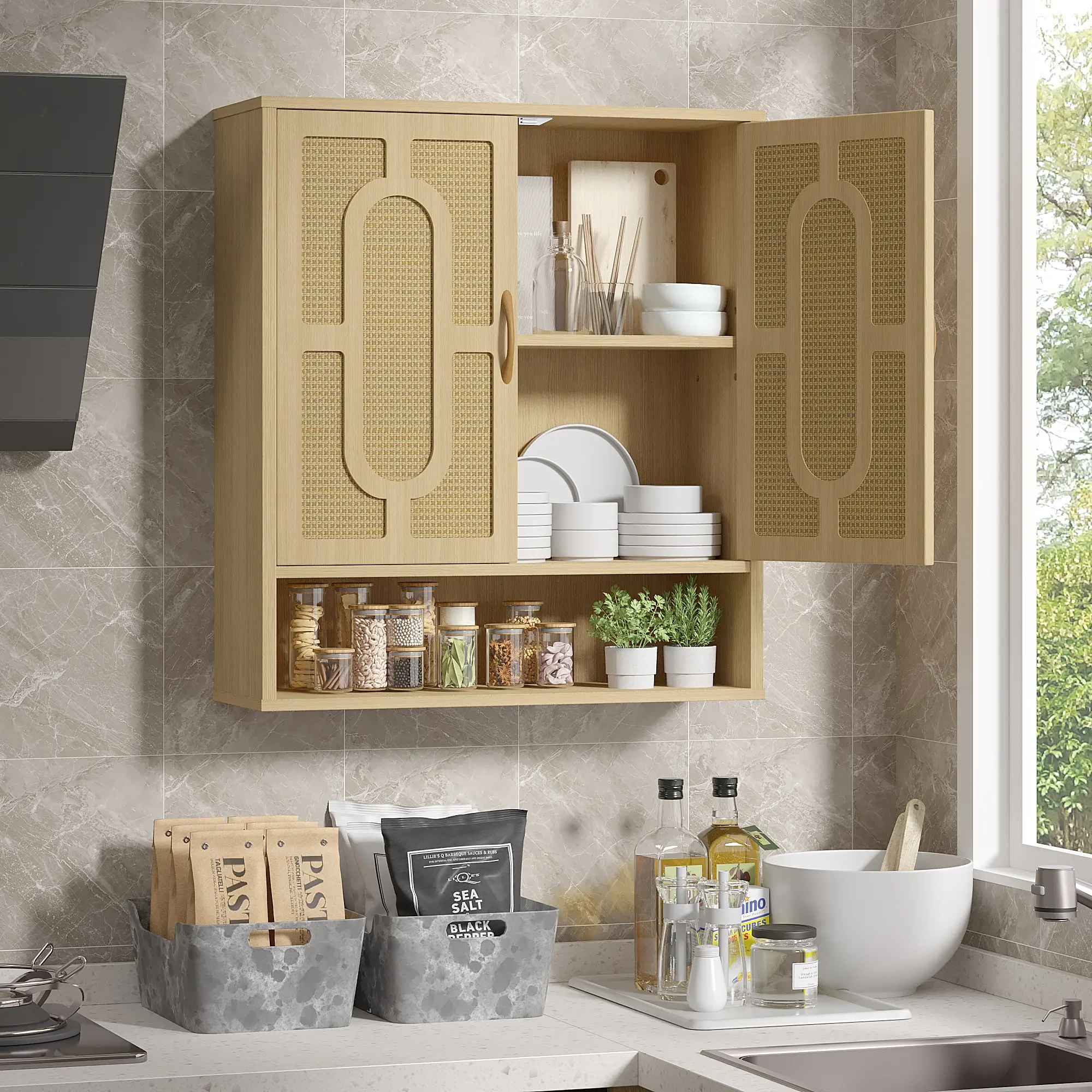 VECELO Wall-Mounted Medicine Cabinet, with 2 Faux Rattan Doors & Adjustable Shelves, Bathroom Cabinet Over The Toilet, Boho Hanging Storage Cupboard for Laundry Kitchen white multi functional