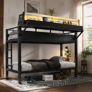 ARCH Twin XL over Twin XL Metal Bunk Bed Frame with Storage Shelves and Pegboard, USB Ports and LED Lights, Space-Saving for Teens Adults, Black MDF+Metal, Multiple Size Options, Full/Twin XL Size Options, Black/Natural/Queen Color Options