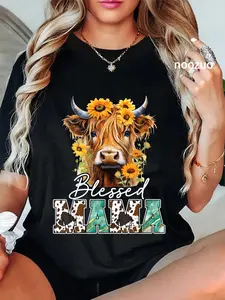 100% Cotton Unisex Blessed Mama Highland Cow Sunflowers Mothers Day Caring T-Shirt Casual Top