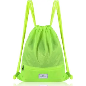 Drawstring Backpack, Folding Sports Gym Sackpack with Zipper Pockets, String Cinch Bag for Gym Shopping Sport Yoga Beach Travel Camping Workout Gear (Green)