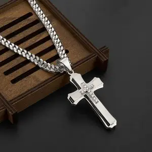 Stainless steel multi-layer cross with zircon pendant hip-hop high-end men's necklace Christmas gift