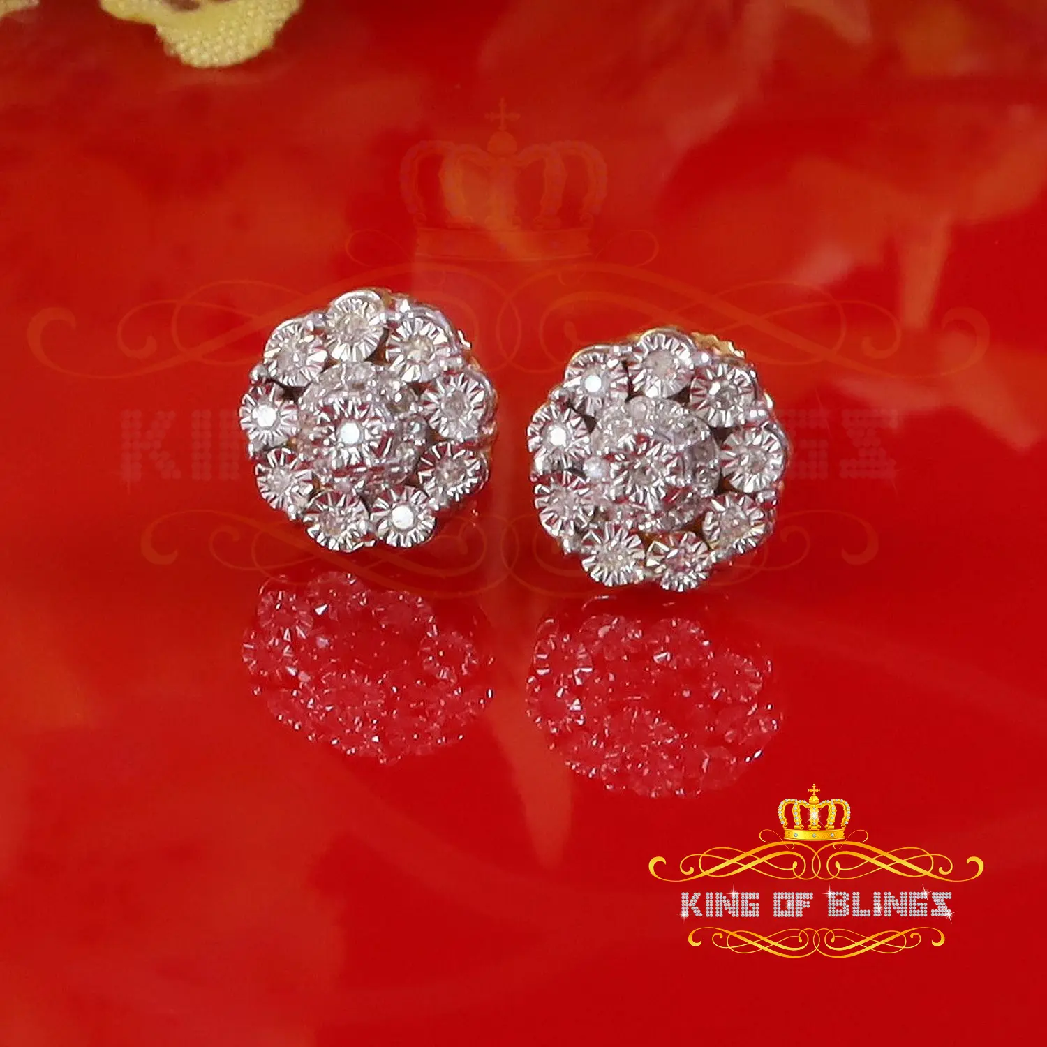 King of Blings 10K Gold Platedl Yellow Gold Real Diamond 0.15CT Men's/Women's Round Stud Micro Earring