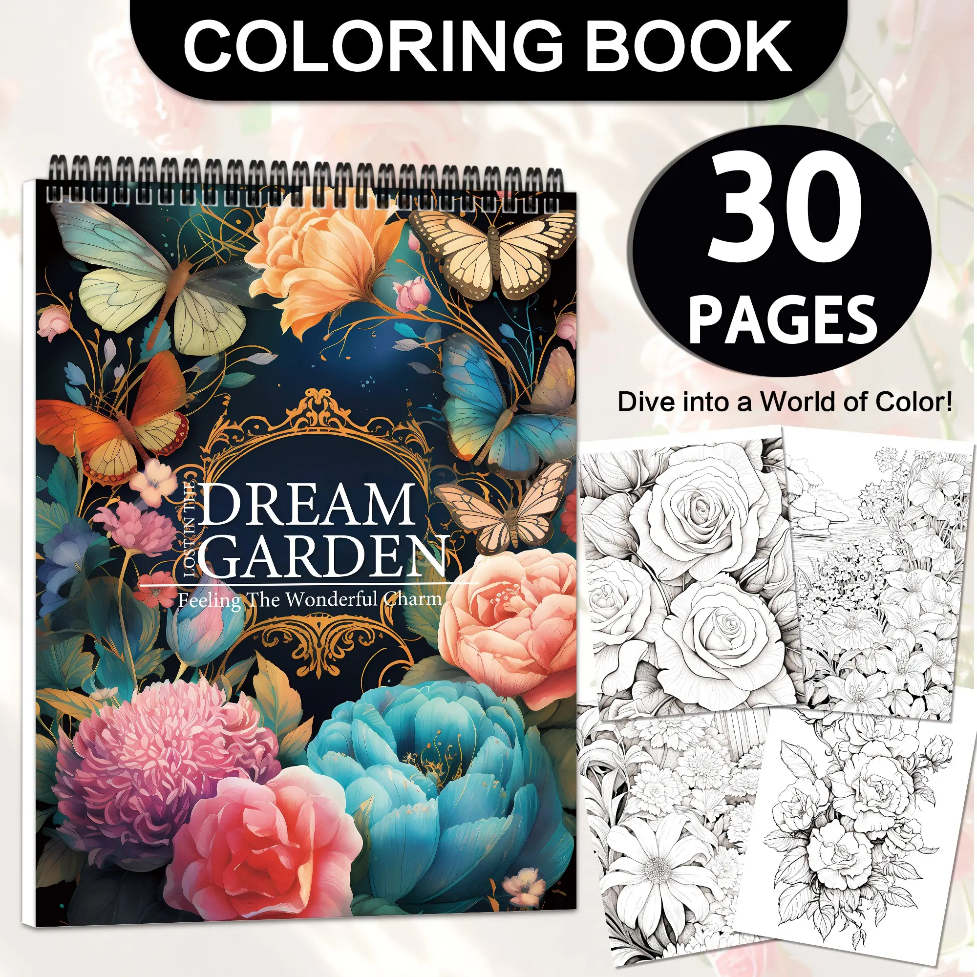 An adult coloring book, Activity book, Doodle books, Themed coloring books, with a dream garden theme, A4 360-degree flip pages, featuring a YO spiral binding design, showcases fantastical plants and ecological styles, a perfect Valentine's Day gift