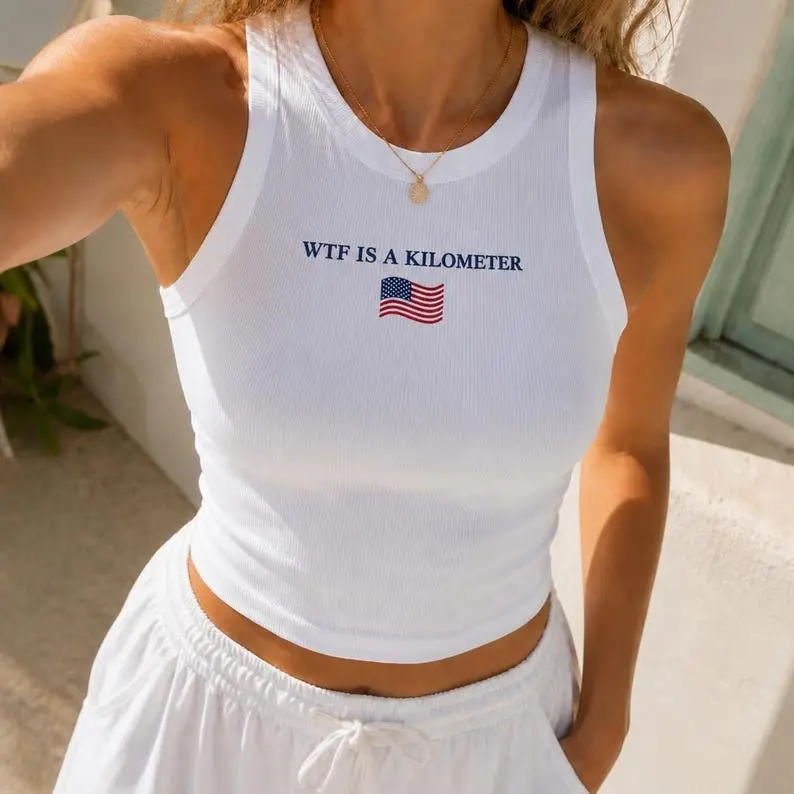 Embroidered WTF Is A Kilometer Y2K Baby Tee and Tank Top, Women's Y2K T-Shirts, Trendy Graphic Tee TankTop,Retro Graphic Tank Top