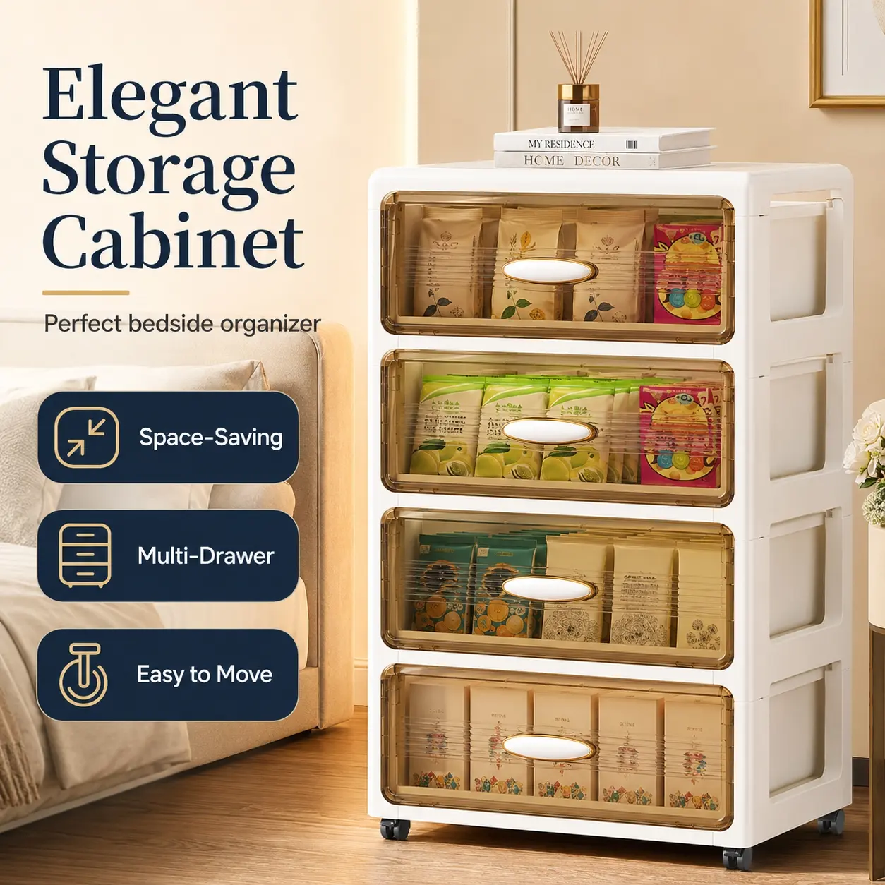 Transparent Drawer Storage Cabinet with Multiple Drawers, 3/4/5/6-Tier Rolling Bedside Organizer for Bedroom Bathroom Dorm Small Spaces