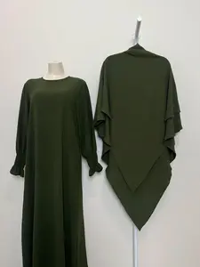 Women's 2-Piece Solid Color Long Sleeve Dress & Hijab Set, Modest Outfit for Daily Wear, Women's Islamic Clothing for All Seasons, Abaya Hijab Set