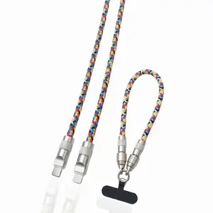 2-in-1 Cable Rechargeable Phone Lanyard 240W Fast Charging USB-C Stylish Rainbow Nylon Braided Design with Built-in Type C to Type C Wear as Wrist Crossbody Neck Strap Cellphone Smartphone Electronic Charger