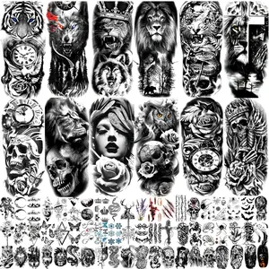 82 Sheets Temporary Tattoo for Men Women Adults 12 Sheets Black 3D Half Sleeve Tattoos Halloween Scary Lion Wolf Tiger Skull Skeleton Stickers Water Proof Realistic Realistic