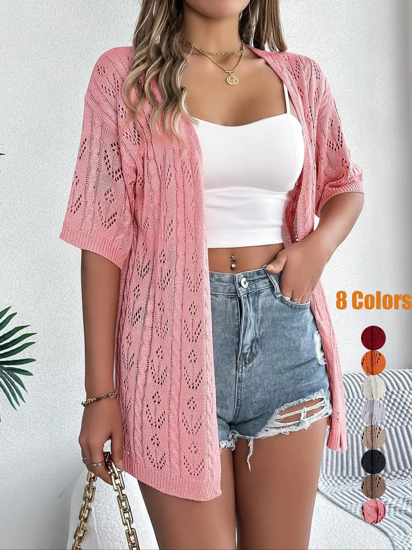 Women's Plain Hollow-Out Sheer Drop-Shoulder Cardigan, Casual Half-Sleeve Open-Front Knitwear for Summer, Fashion Women's Knitwear for Daily Wear
