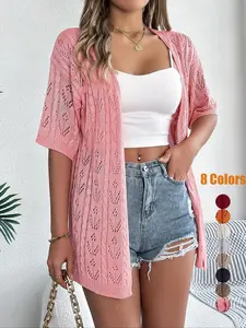 Women's Plain Hollow-Out Sheer Drop-Shoulder Cardigan, Casual Half-Sleeve Open-Front Knitwear for Summer, Fashion Women's Knitwear for Daily Wear