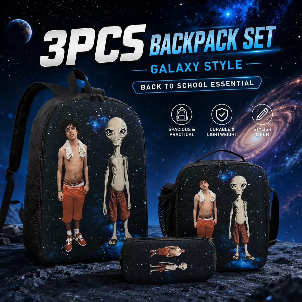 Xaviersobased & Paul backpack 3PCS Alien Adventure Backpack Set for Kids – School Backpack with Lunch Bag & Pencil Case, Space Galaxy Graphic Bookbag for Boys & Girls